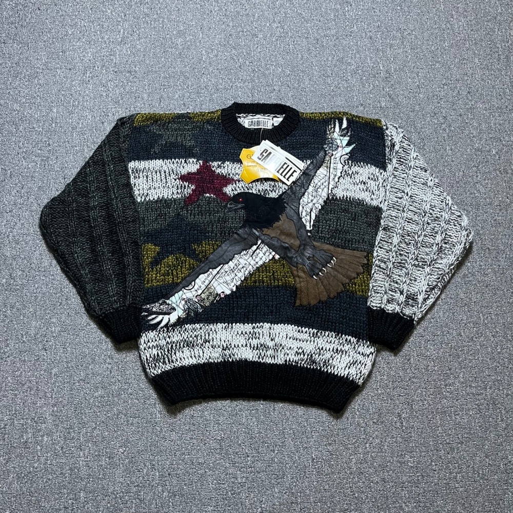 Vintage Gabrielle Knit Sweater M Multi Color Eagle Leather Patch 90s Korea NWT